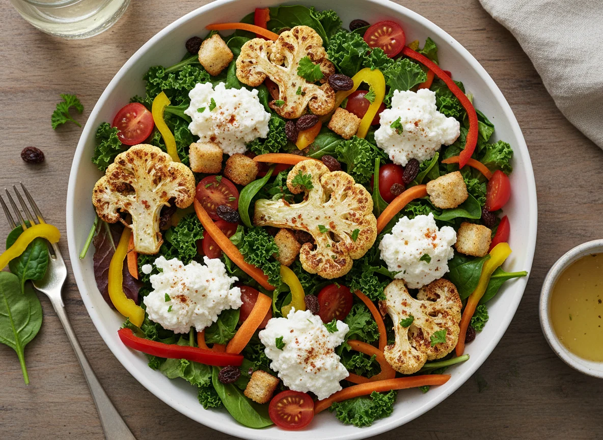 Mixed Green Salad with Cottage Cheese and Roasted Cauliflower photo