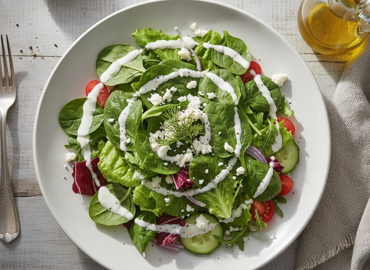 Mixed Green Salad with Creamy Dressing and Feta photo
