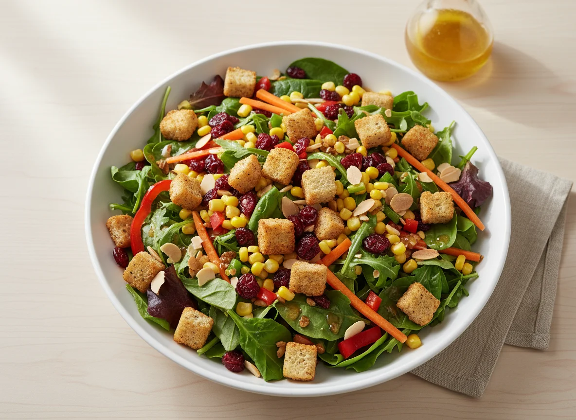 Mixed Green Salad with Croutons and Cranberries photo