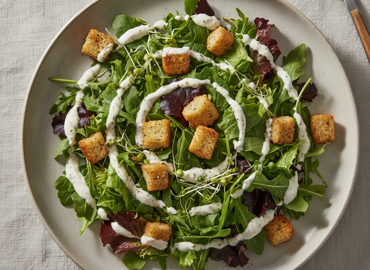 Mixed Green Salad with Croutons and Creamy Dressing photo