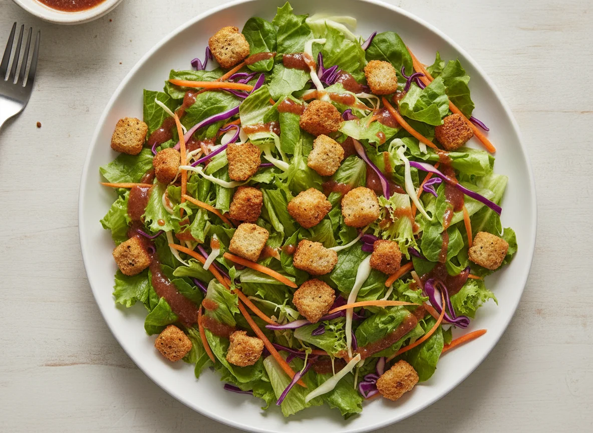 Mixed Green Salad with Croutons and Dressing photo