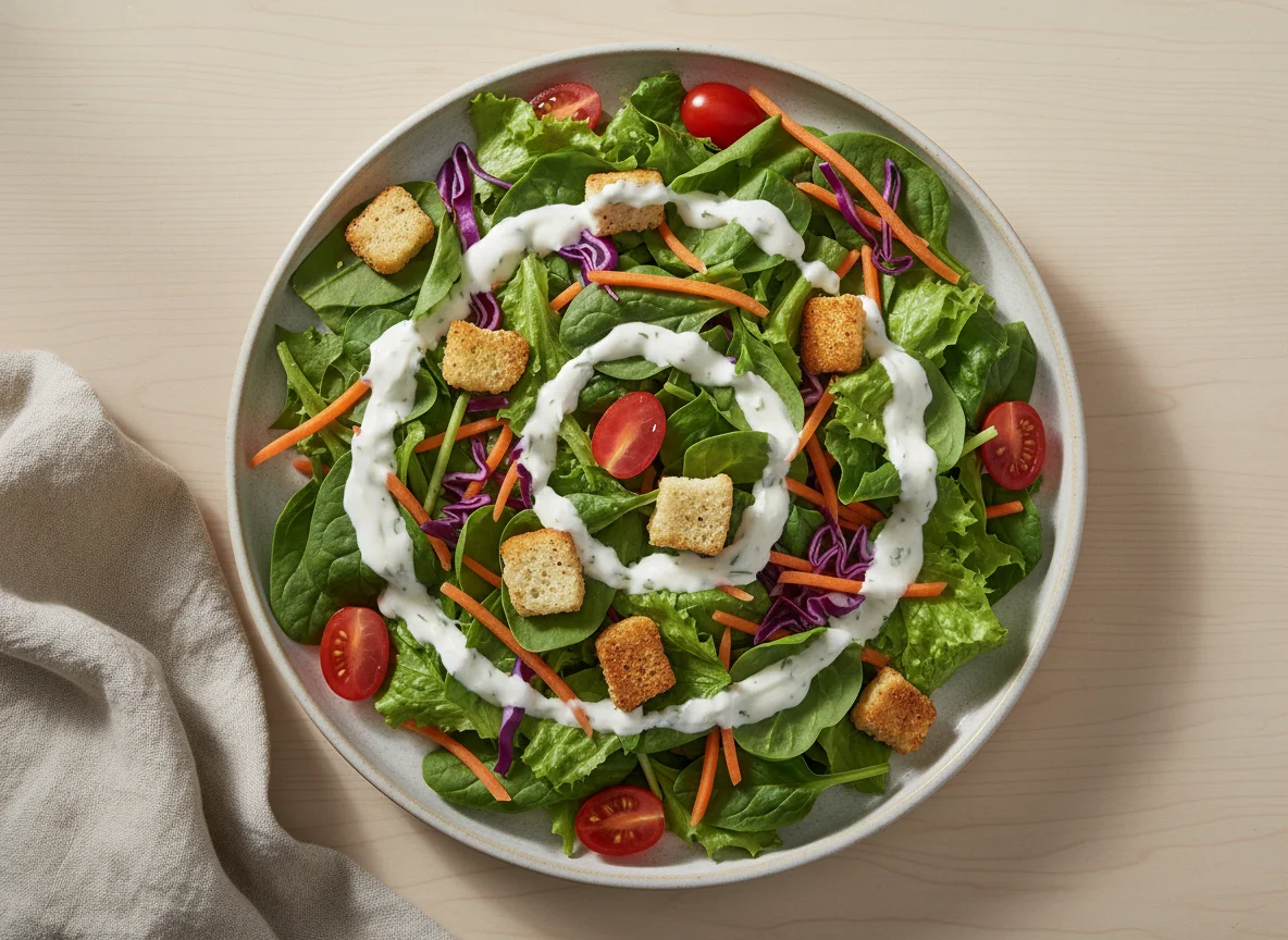 Mixed Green Salad with Croutons and Ranch Dressing photo