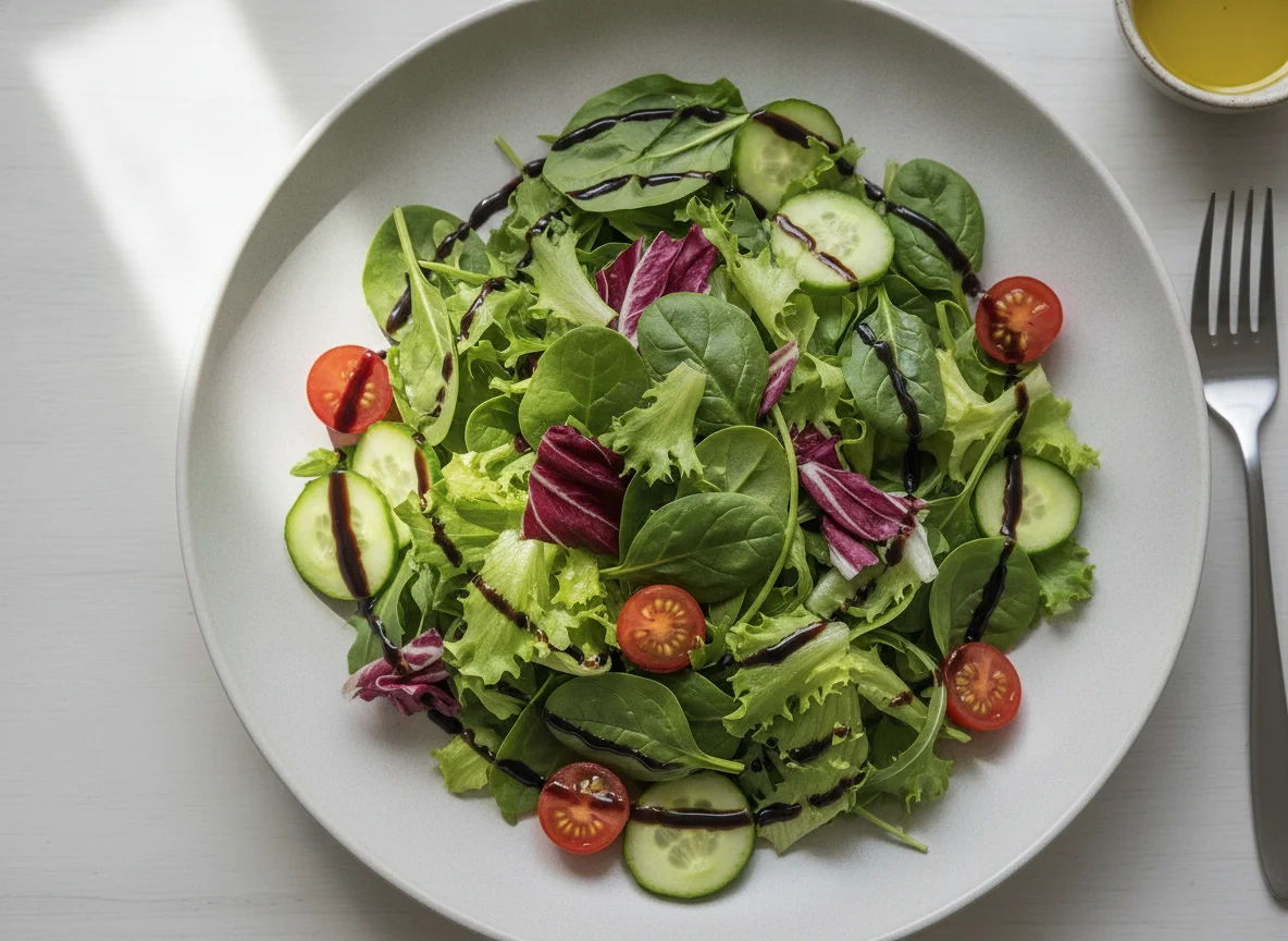 Mixed green salad with cucumber and tomato photo