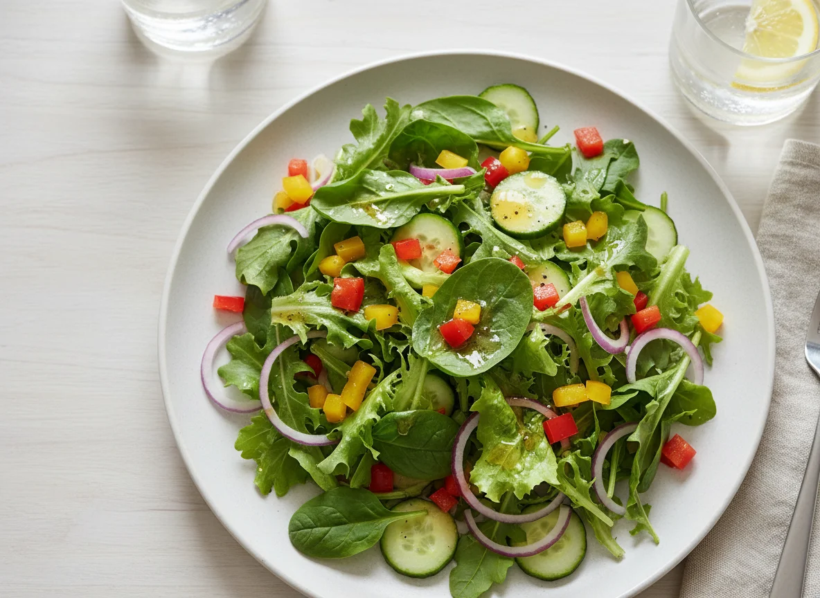Mixed Green Salad with Diced Peppers and Vinaigrette photo