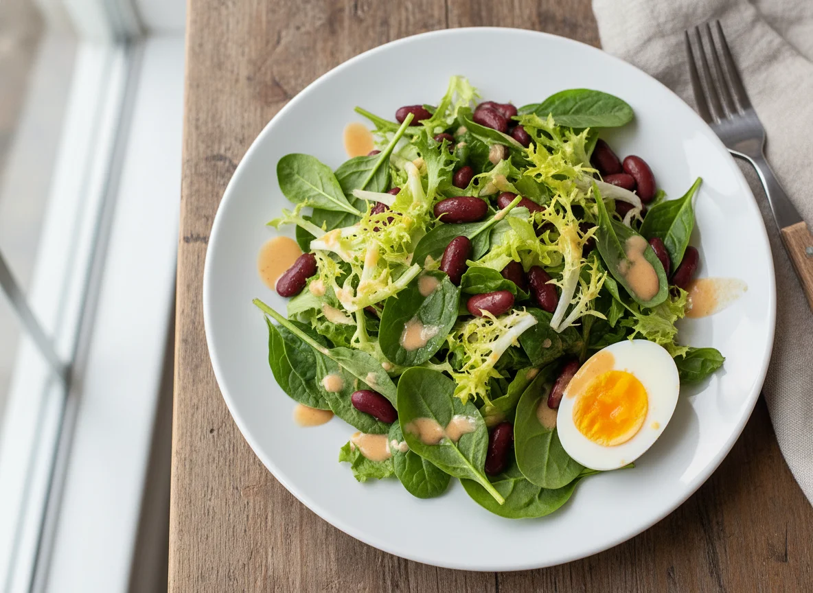 Mixed Green Salad with Egg and Beans photo