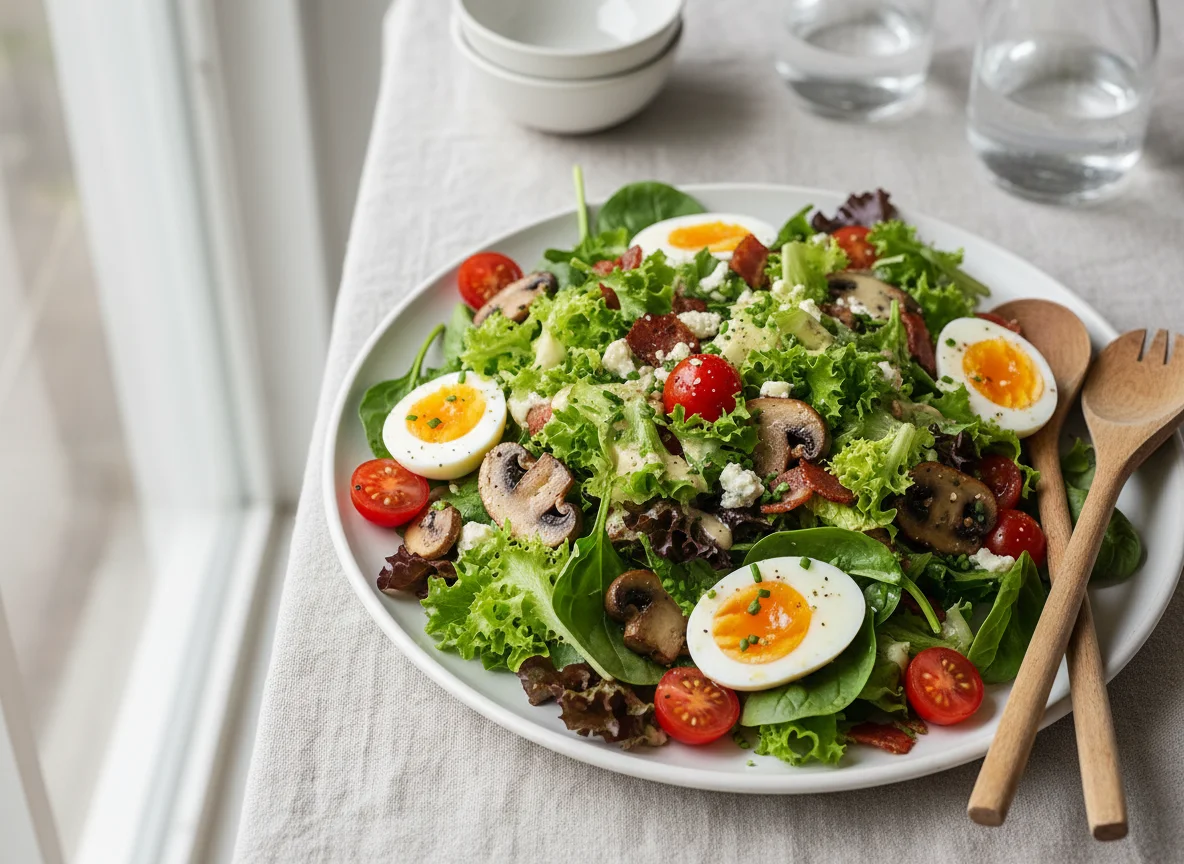 Mixed Green Salad with Egg and Mushrooms photo