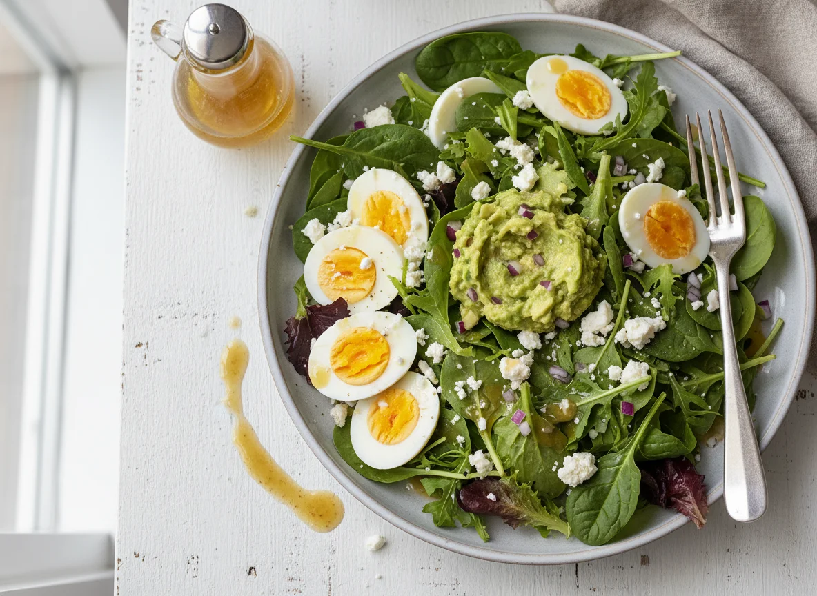Mixed Green Salad with Eggs, Guacamole, Feta, and Vinaigrette photo