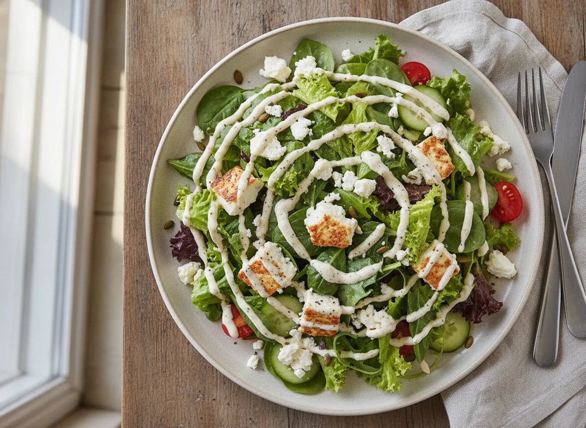 Mixed Green Salad with Feta and Creamy Dressing photo