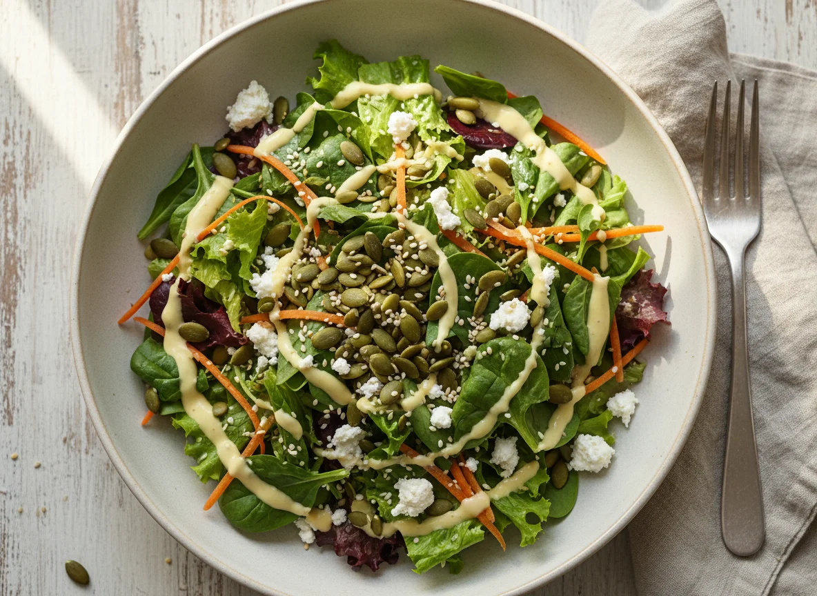 Mixed Green Salad with Feta and Seeds photo