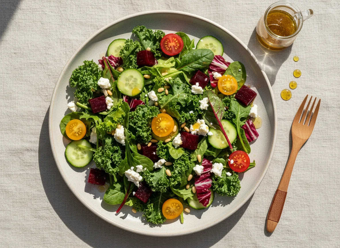Mixed Green Salad with Feta, Beetroot, Cucumber, Tomato, and Pine Nuts photo