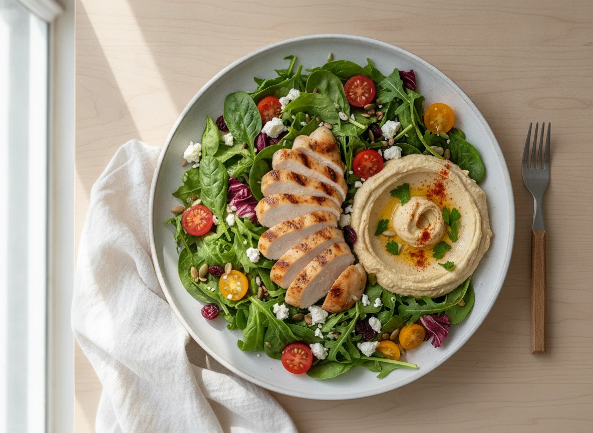Mixed Green Salad with Grilled Chicken and Hummus photo