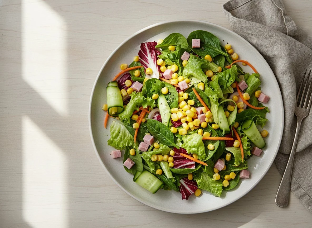 Mixed Green Salad with Ham and Corn photo