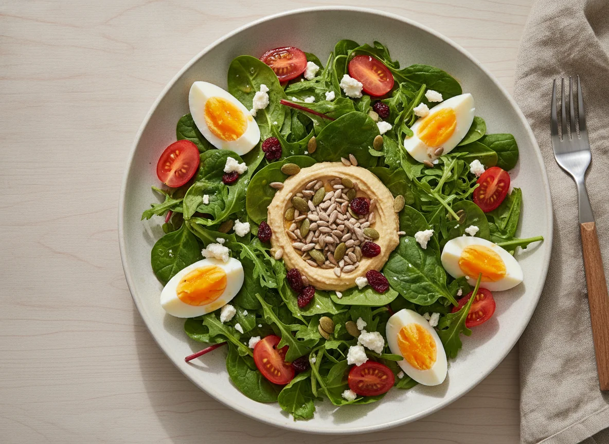 Mixed Green Salad with Hard Boiled Egg and Seeds photo