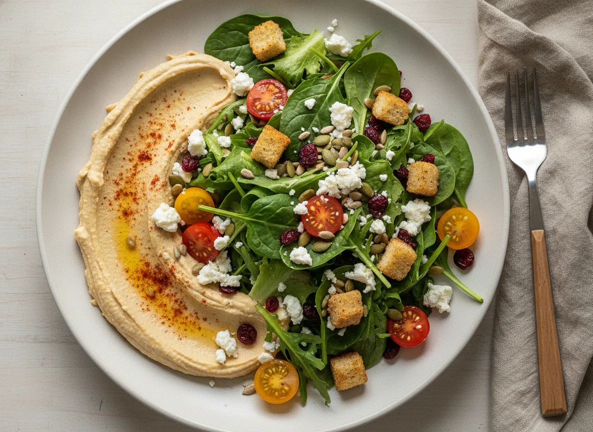 Mixed Green Salad with Hummus and Feta photo