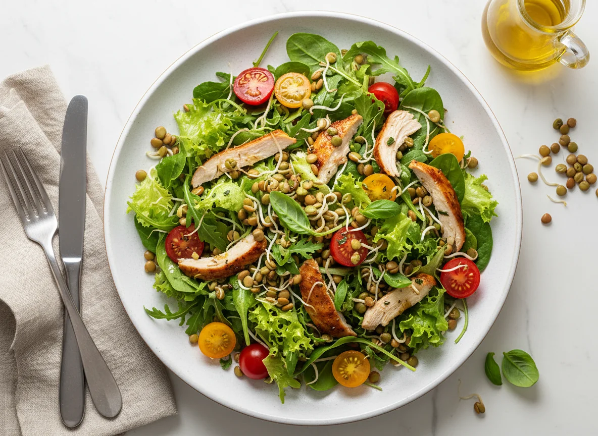 Mixed Green Salad with Lentils, Sprouts, Chicken, and Cherry Tomatoes photo