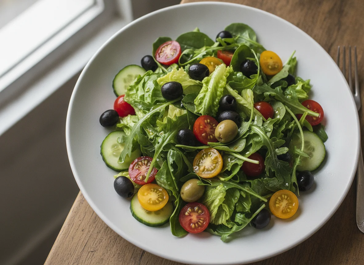 Mixed Green Salad with Olives and Tomatoes photo