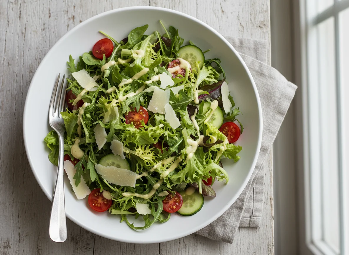 Mixed Green Salad with Parmesan and Dressing photo