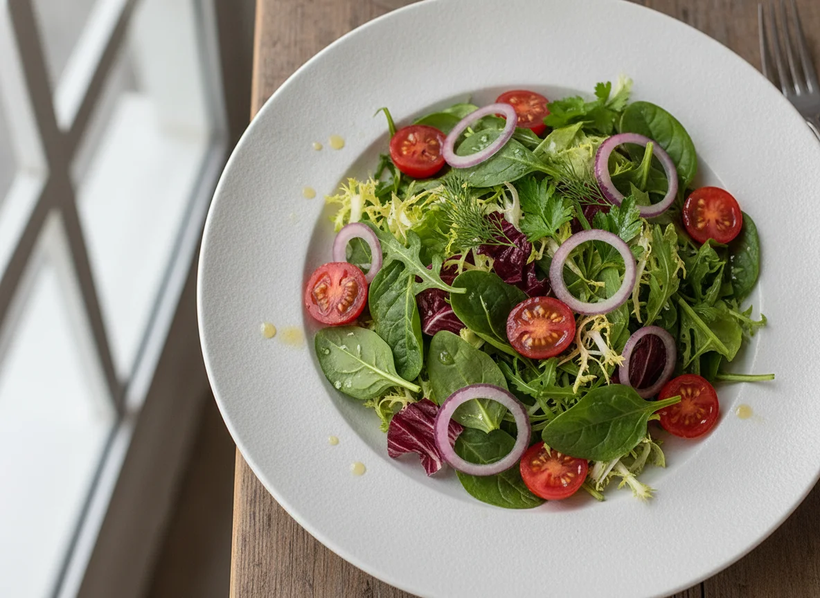 Mixed Green Salad with Pickled Onions and Cherry Tomatoes photo
