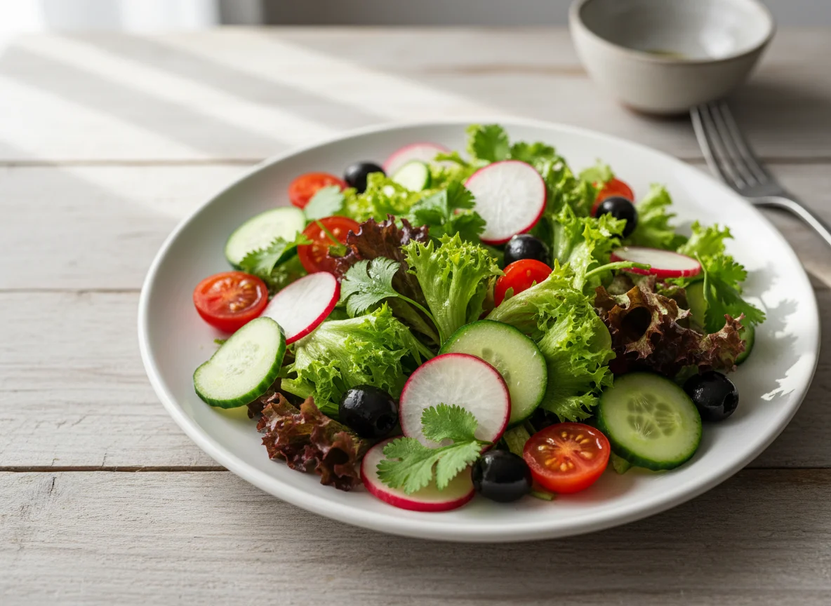 Mixed Green Salad with Radishes, Cucumber, Cherry Tomatoes, and Olives photo