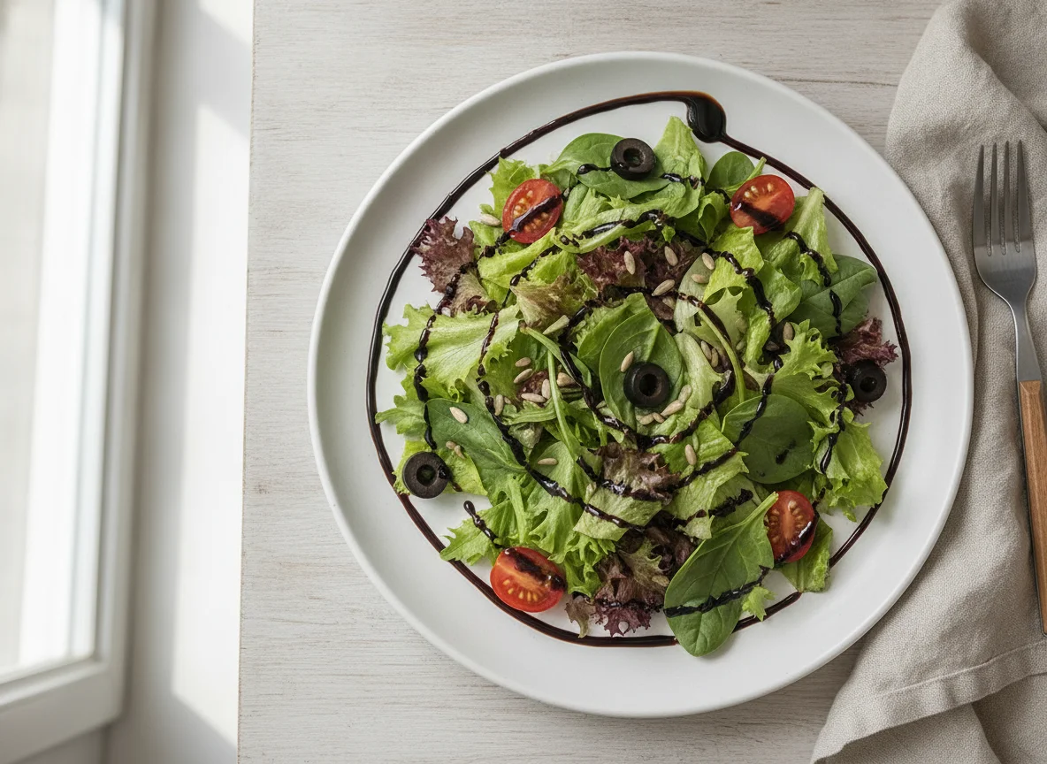 Mixed Green Salad with Sunflower Seeds and Balsamic Glaze photo