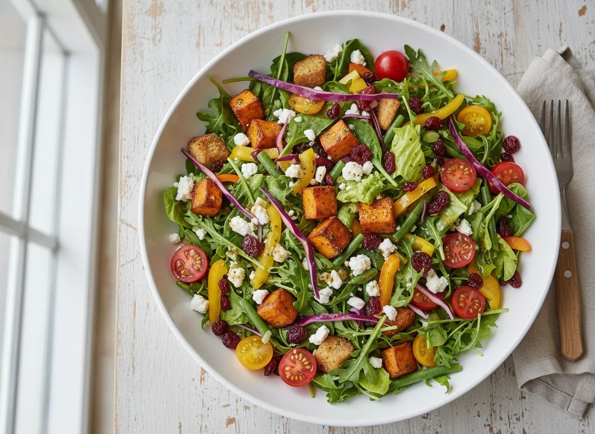 Mixed Green Salad with Sweet Potatoes and Feta photo