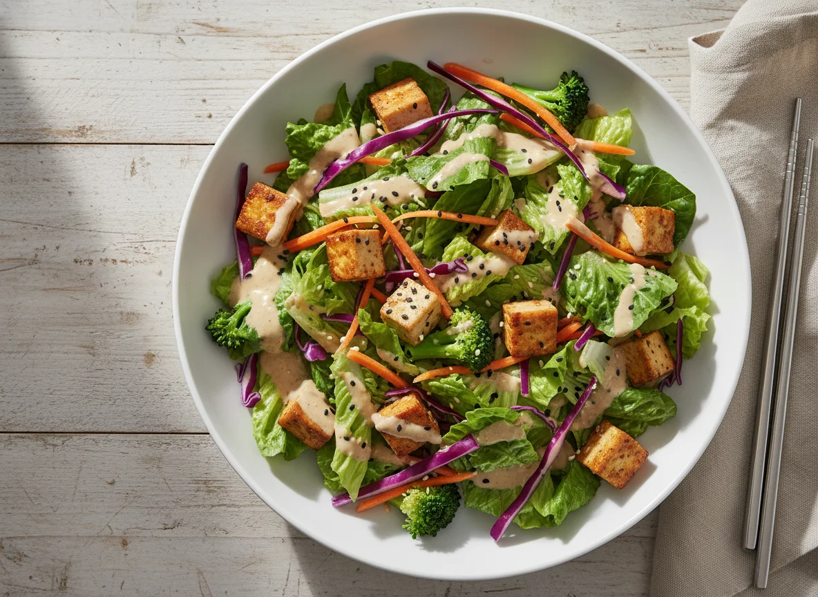 Mixed Green Salad with Tofu and Sesame Dressing photo