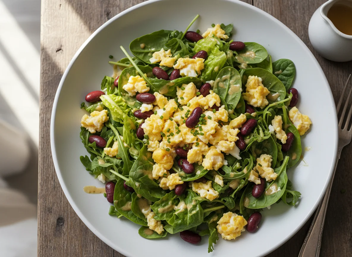 Mixed Greens Salad with Beans and Scrambled Egg photo