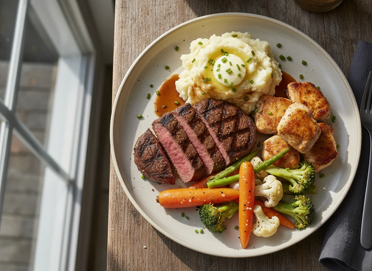Mixed Grill Plate with Mashed Potatoes and Vegetables photo