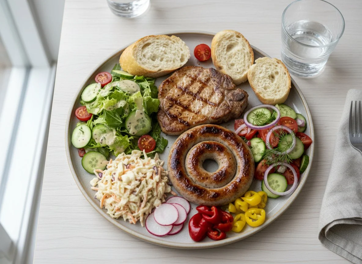 Mixed Grill Plate with Salads and Bread photo
