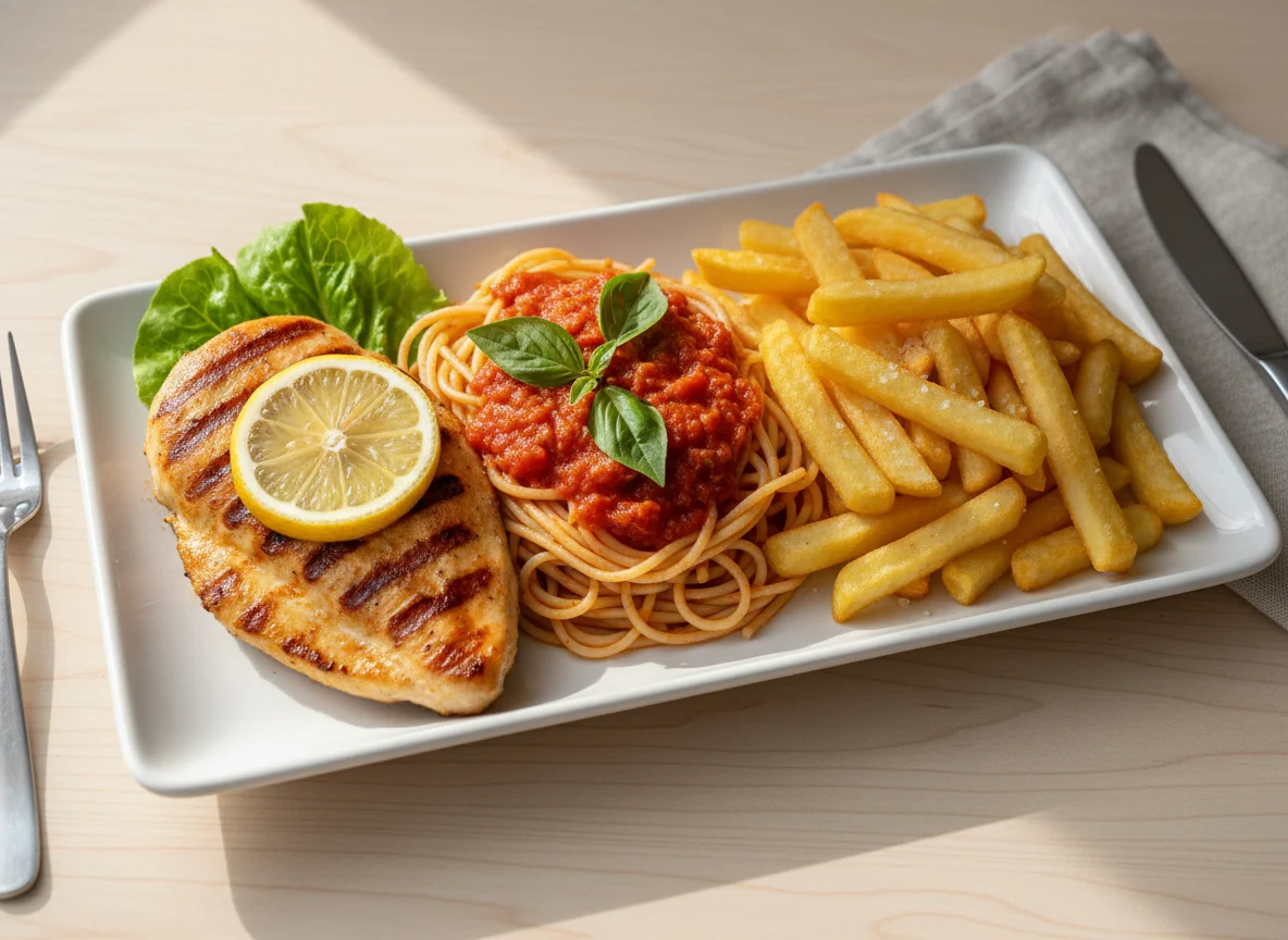 Mixed Grill Plate with Spaghetti and Fries photo