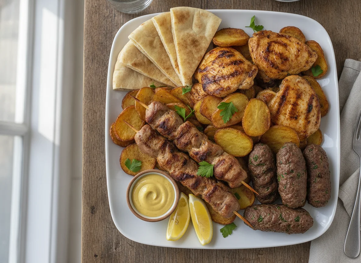 Mixed Grill Platter with Pita and Fried Potatoes photo