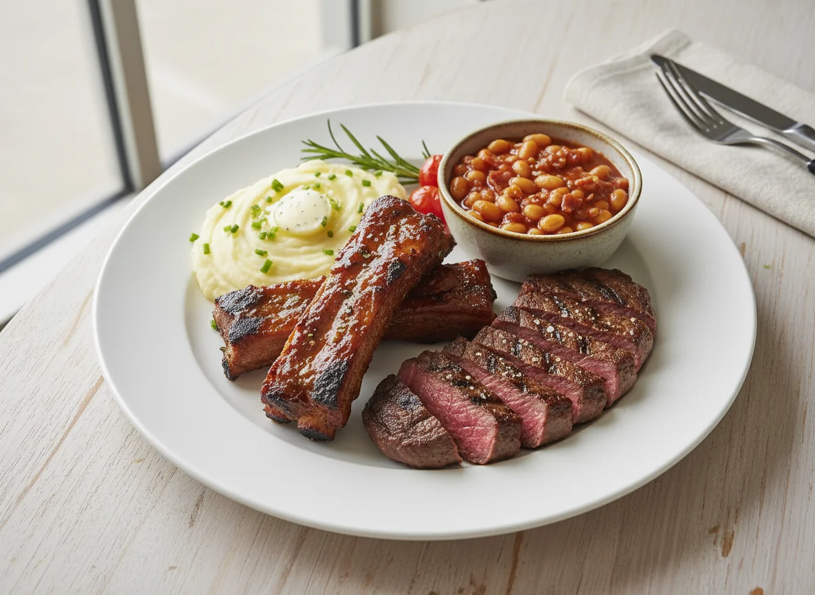 Mixed Grill with Baked Beans and Mashed Potatoes photo