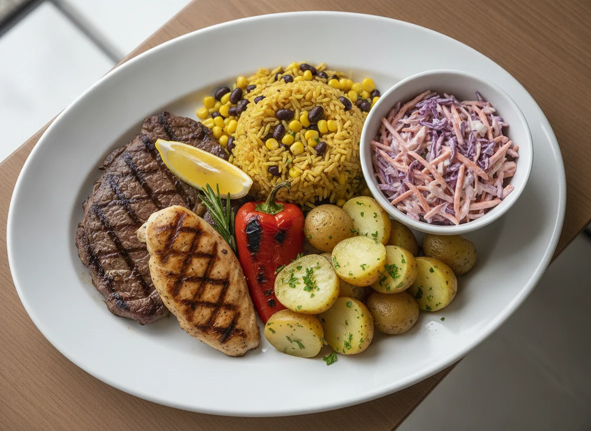 Mixed Grill with Rice, Potatoes and Coleslaw photo
