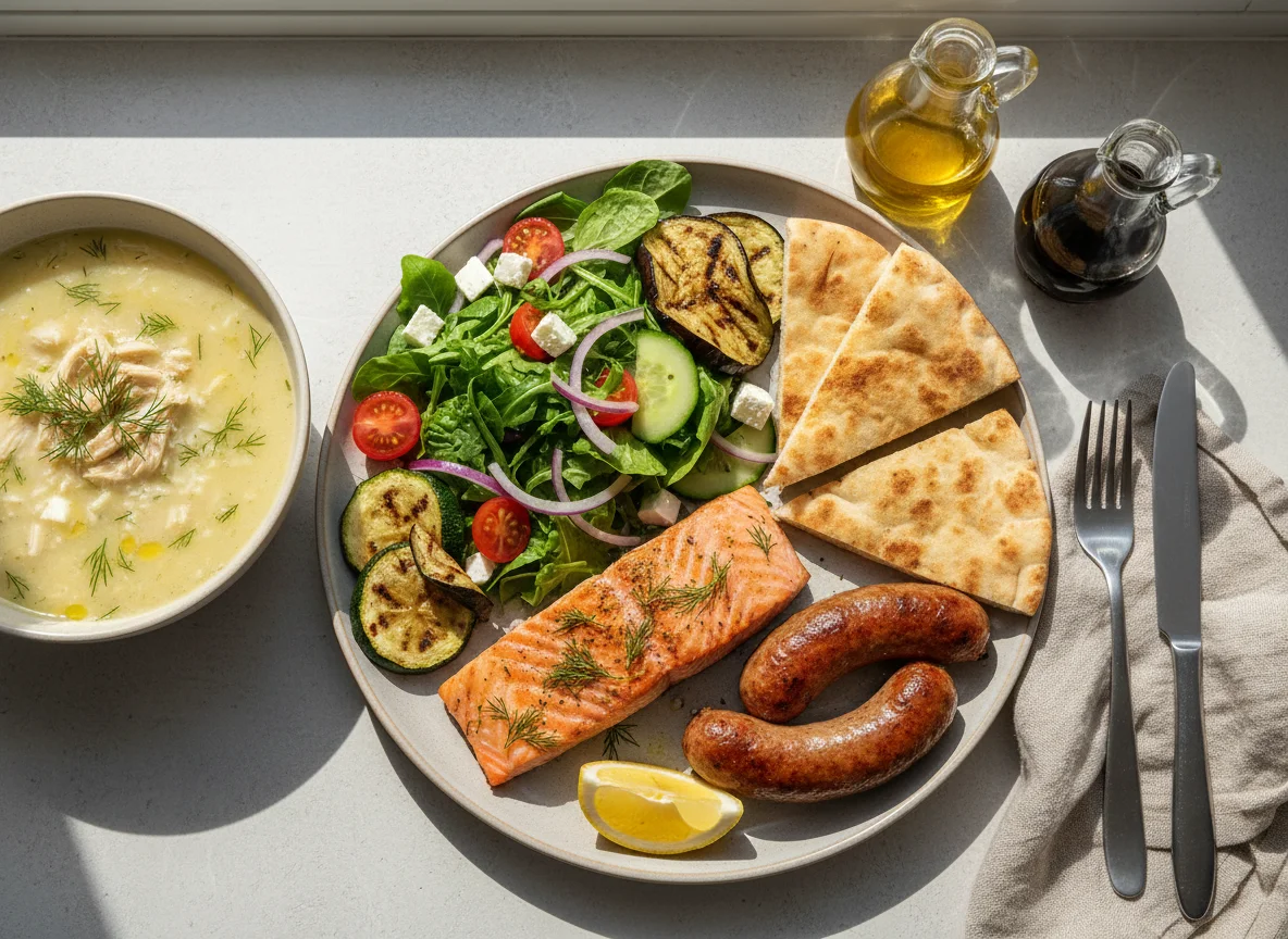 Mixed Grill with Salmon and Salad photo