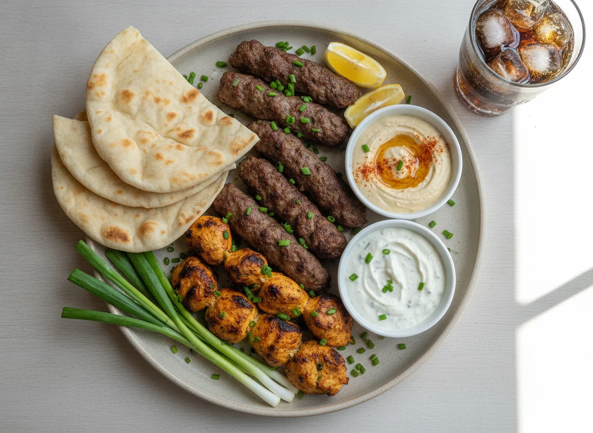 Mixed Grilled Meat with Arabic Bread and Greens photo