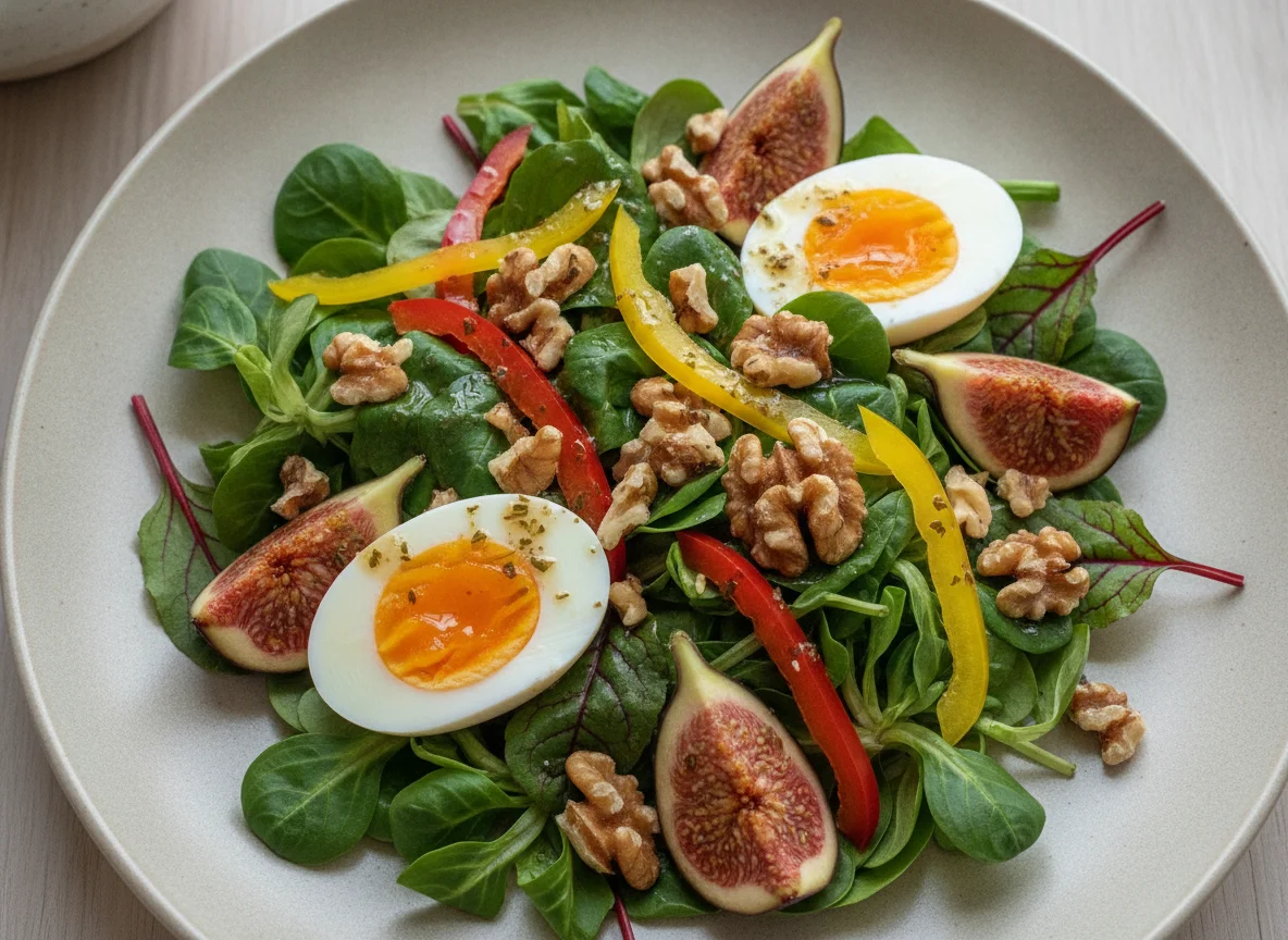Mixed leaf salad with boiled egg, figs, and walnuts photo