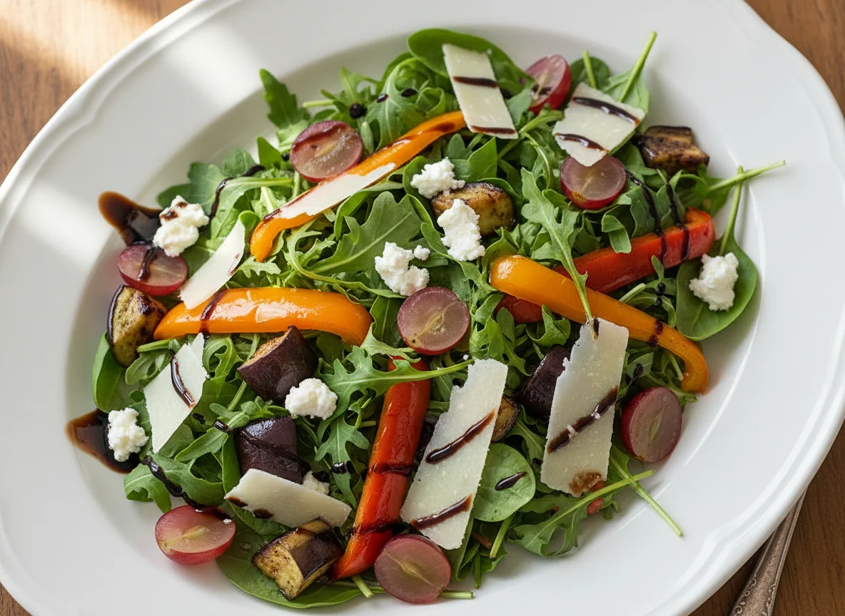 Mixed Leaf Salad with Grapes, Cheese, and Roasted Vegetables photo