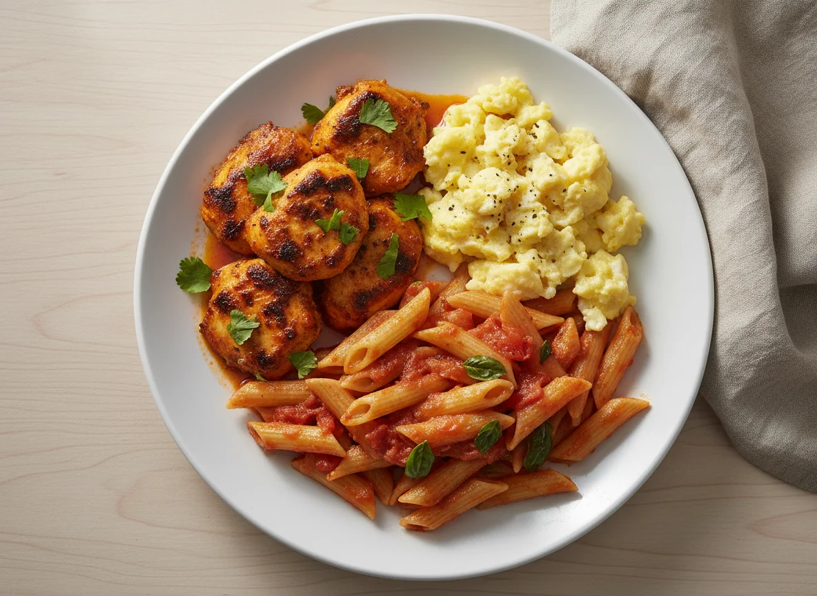 Mixed Meal (Chicken, Scrambled Eggs, and Pasta) photo