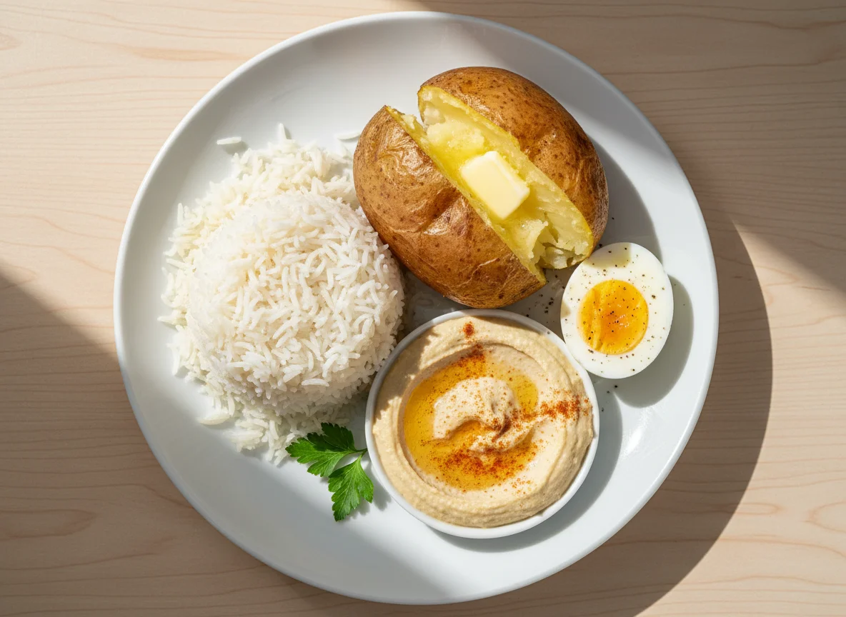 Mixed meal with baked potato, rice, egg and dip photo