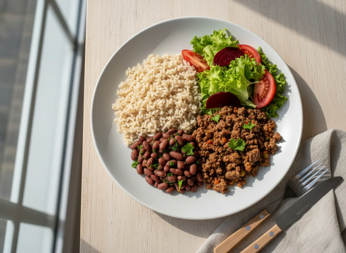 Mixed meal with beans, rice, minced meat, salad and beetroot photo
