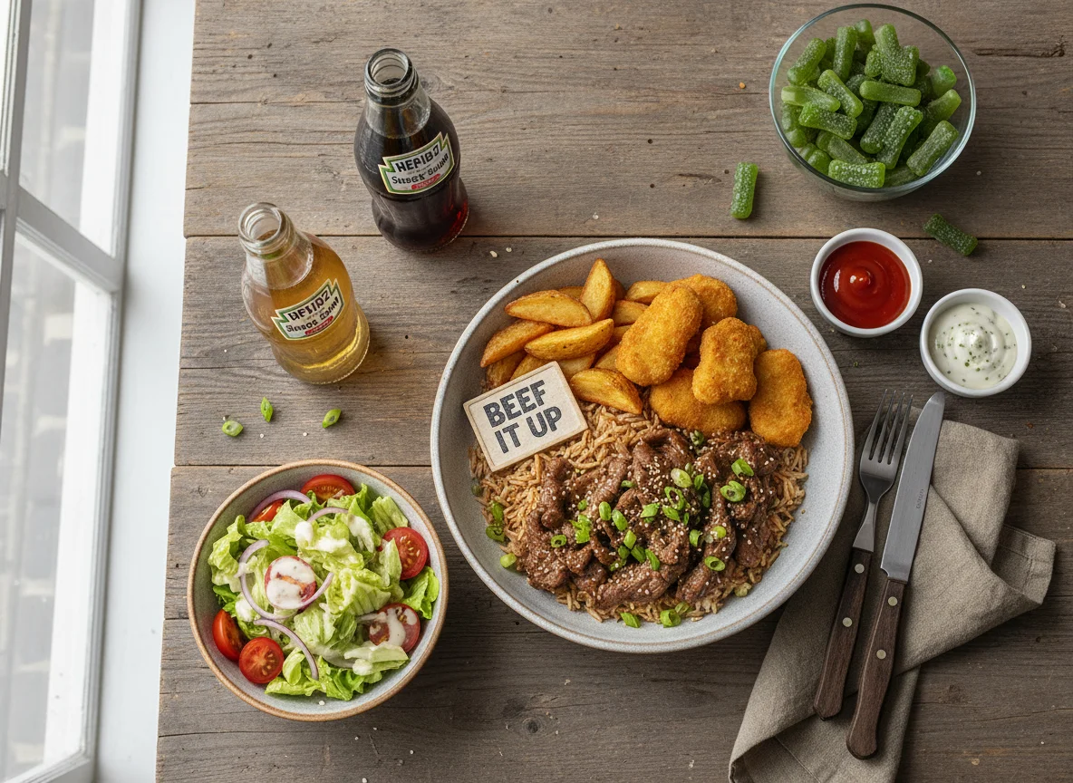Mixed Meal with Beef Bowl, Nuggets, and Wedges photo