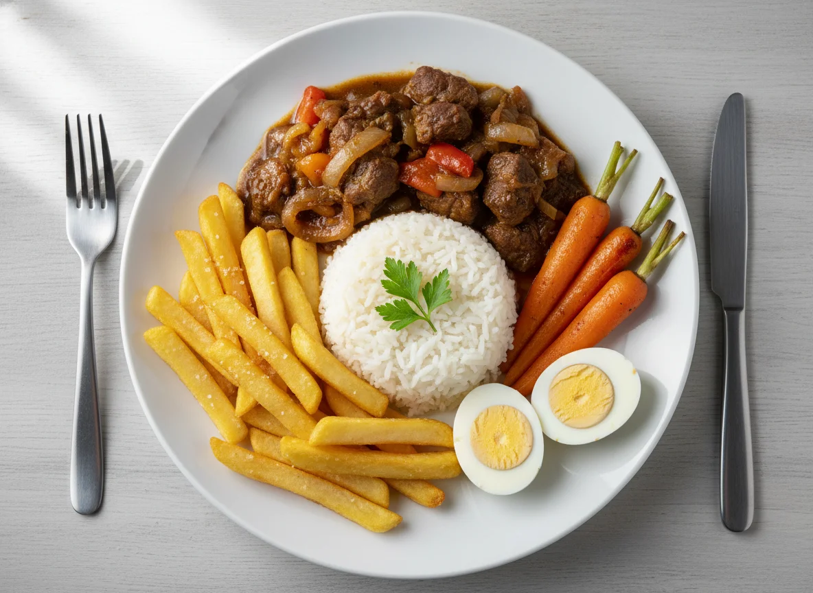 Mixed meal with beef, rice, fries, eggs, and carrots photo