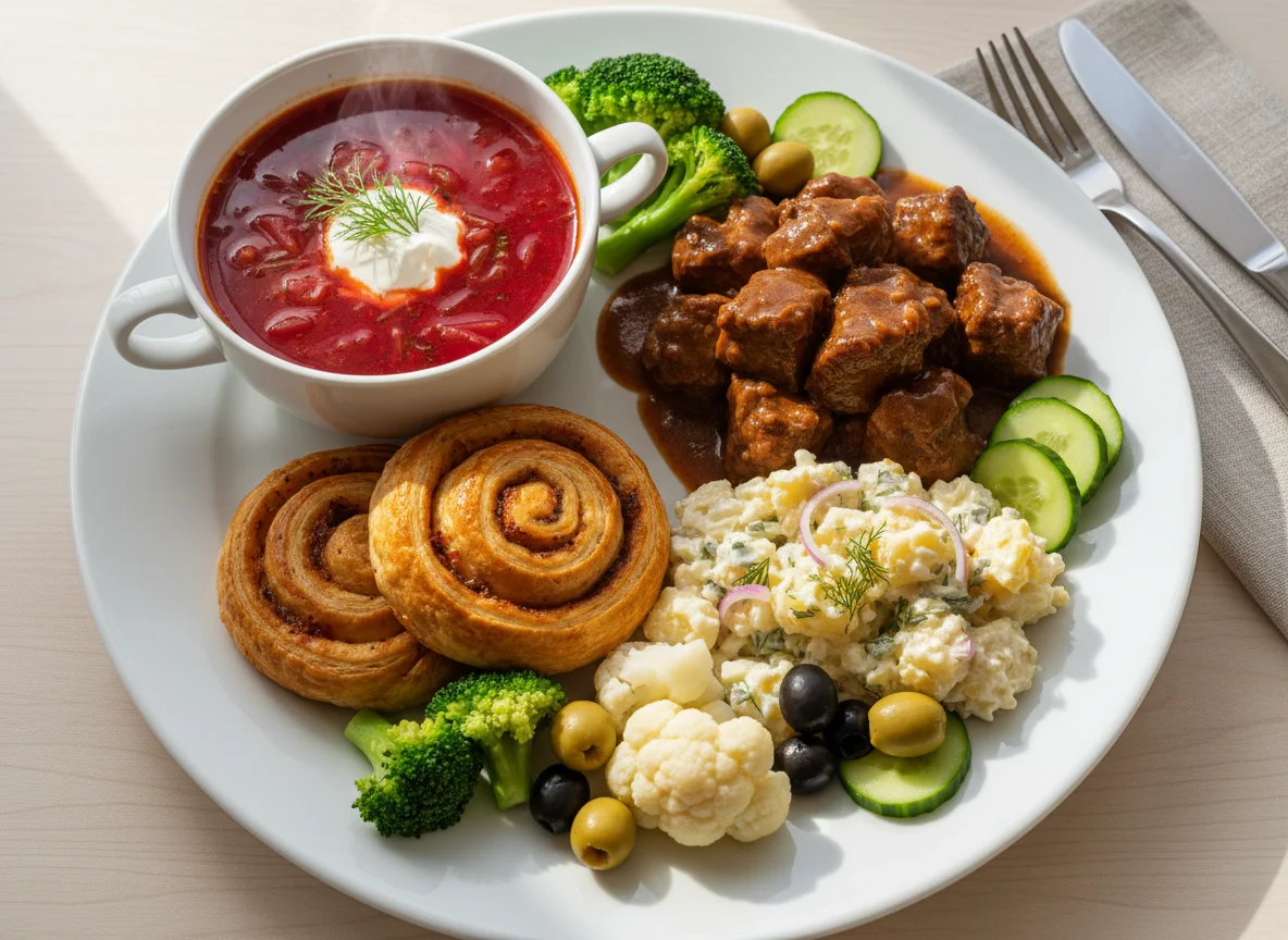 Mixed meal with Borscht, meat, potato salad, and vegetables photo