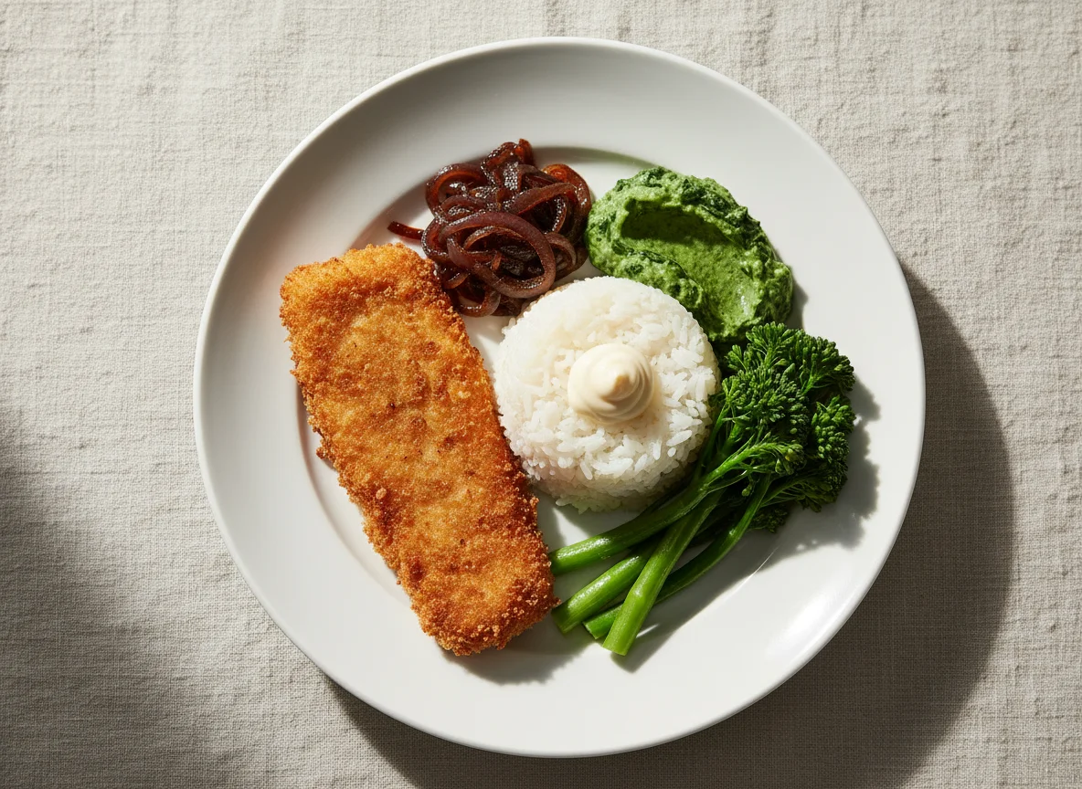 Mixed meal with breaded fillet, rice and vegetables photo