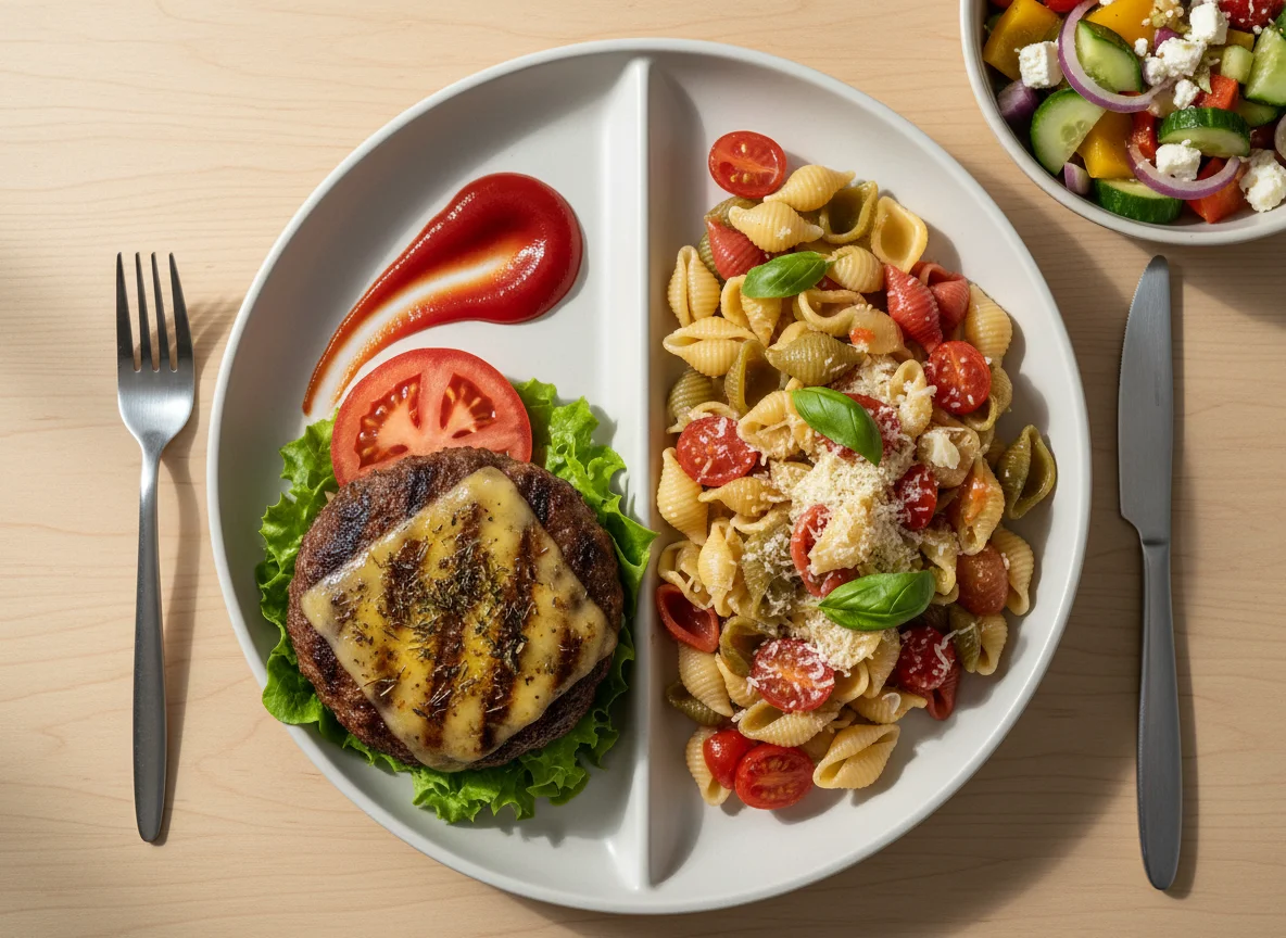 Mixed Meal with Burger and Pasta photo