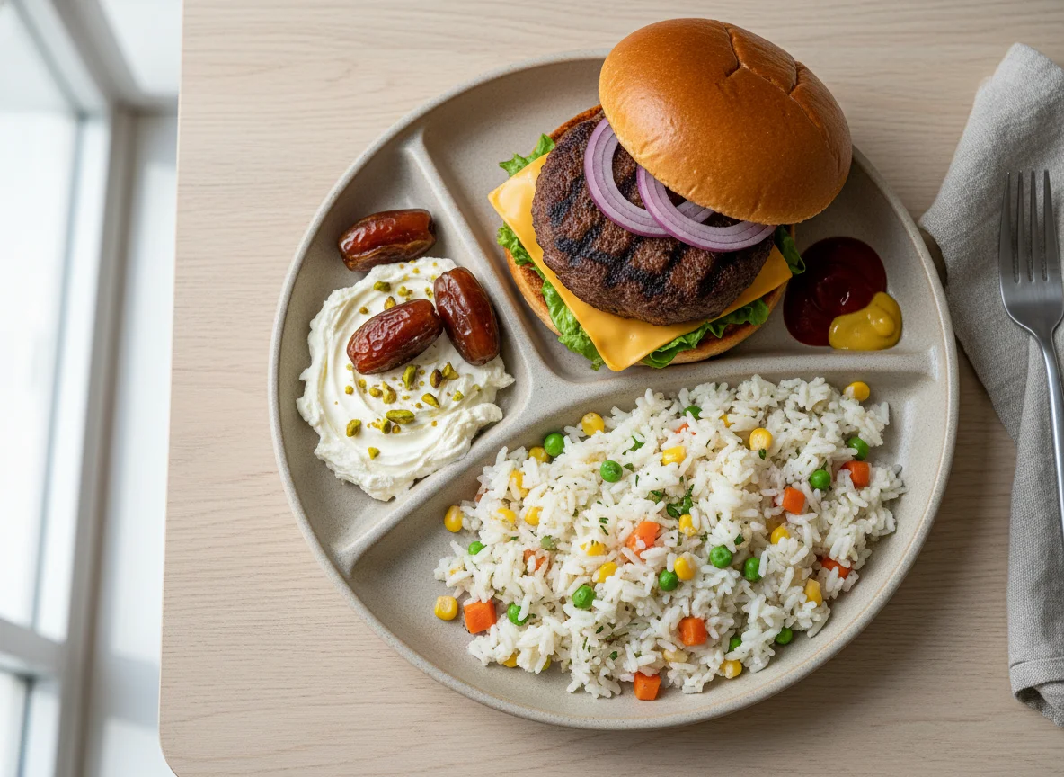 Mixed meal with burger, rice, and cream cheese photo