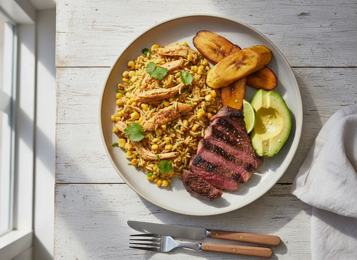 Mixed meal with chicken and rice, beef, avocado, and plantain photo