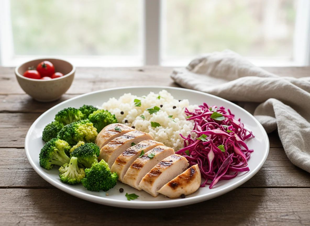 Mixed meal with chicken, cauliflower rice and red cabbage photo