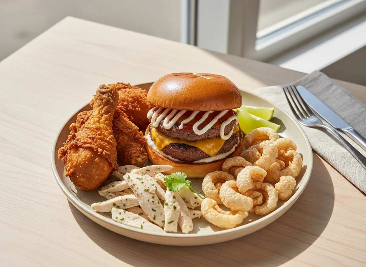 Mixed Meal with Chicken, Chicharon, and Burger photo