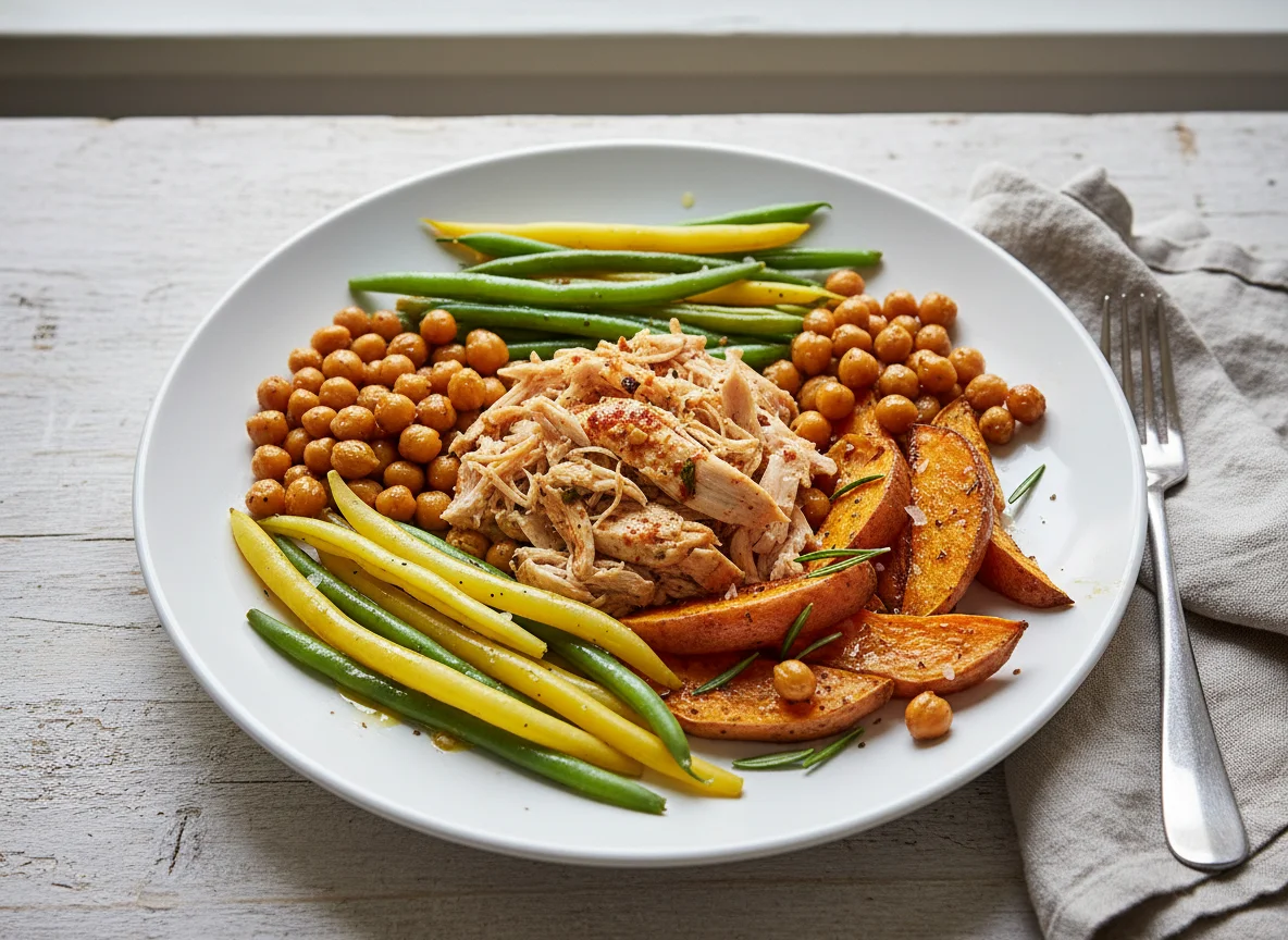 Mixed Meal with Chicken, Chickpeas, Beans, and Sweet Potato photo